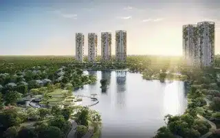 Tầm nhìn tổng thể Eco Retreat - nơi thiên nhiên chiếm ưu thế với 23 ha mặt nước sinh thái và 5 tòa tháp xanh được thiết kế với vườn thẳng đứng.