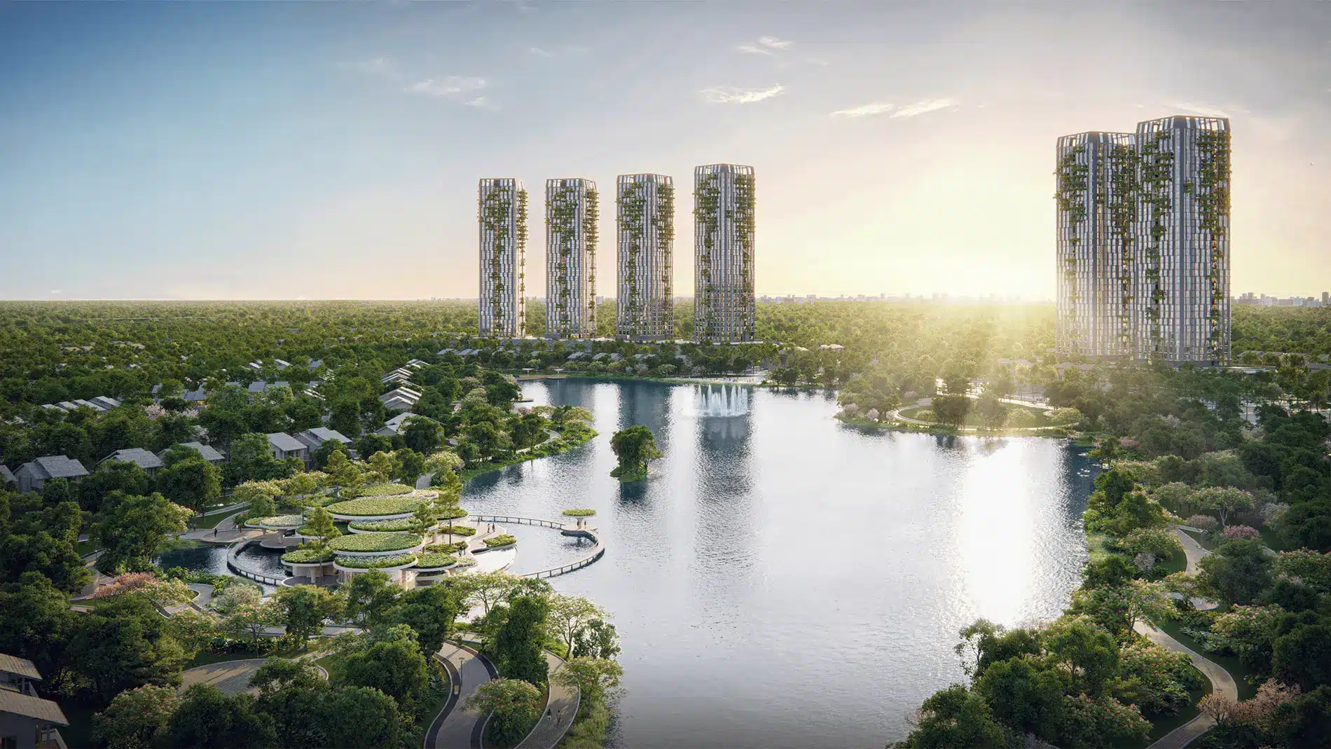 Tầm nhìn tổng thể Eco Retreat - nơi thiên nhiên chiếm ưu thế với 23 ha mặt nước sinh thái và 5 tòa tháp xanh được thiết kế với vườn thẳng đứng.