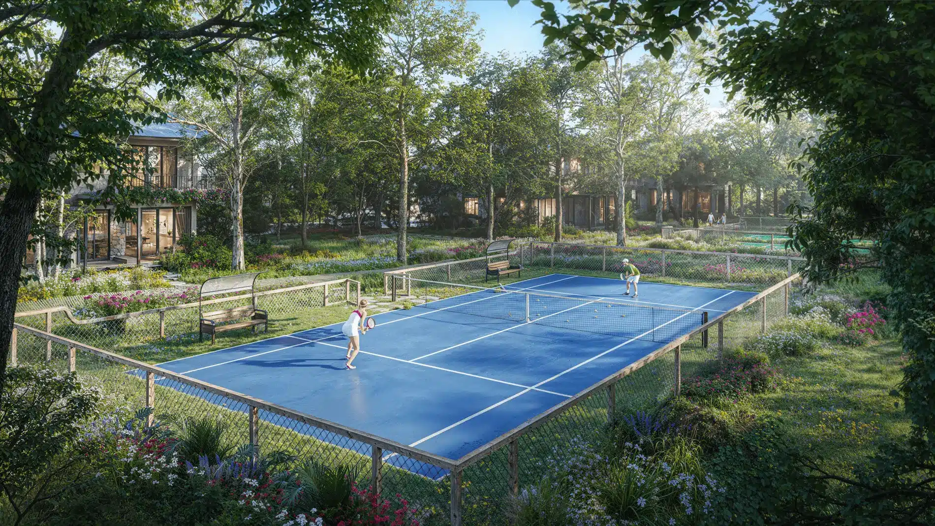 Tiện ích thể thao ngoài trời tại Eco Retreat - sân tennis được thiết kế hài hòa giữa rừng cây xanh mát